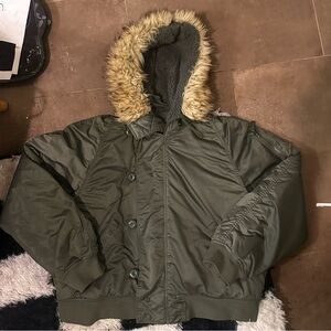 Women’s Olive Green Hooded Bomber Jacket with Faux Fur Trim